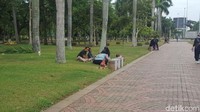 Sejumlah warga tampak duduk-duduk dan beristirahat sejenak di atas rumput di Monas, Kamis (11/1/2018) sore (Foto: Zunita Amalia Putri/detikcom)