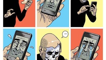 Beginilah tingkah manusia yang tidak bisa melepas pandangannya dari layar ponsel. (Foto: Asaf Hanuka)