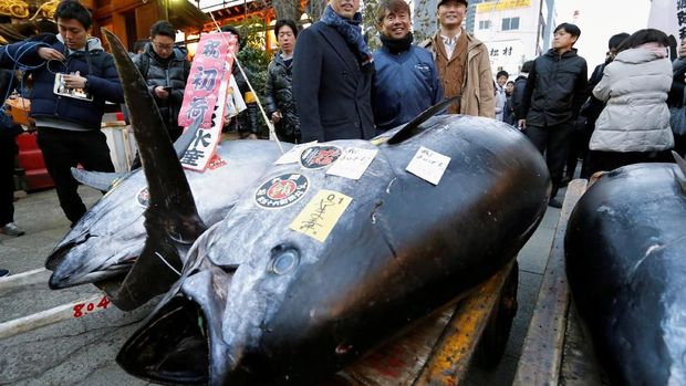 An auctioneer raises his hand as he starts the New Year's auction of the frozen tuna at the Tsukiji fish market in Tokyo, Japan, January 5, 2018. REUTERS/Toru Hanai