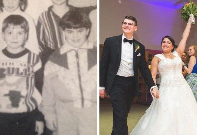 “Setelah pernikahan kami, aku menemukan foto diriku dan suamiku saat masih taman kanak-kanak di sekolah yang sama. Aku sama sekali tidak ingat akan hal itu,” kata wanita di foto ini. Foto: Dok. Instagram thewaywemet, Reddit