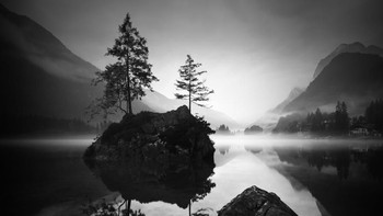 Pemenang kategori Landscape (amatir). Lake Hintersee TreeIsland Study II karya Marcel Zizkat (Jerman). Foto: Monochrome Photography Awards