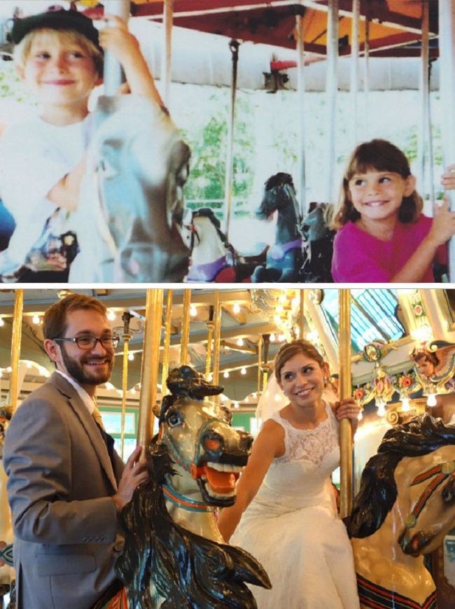 “Aku jatuh cinta padanya saat aku melihatnya di sebuah komedi putar. Tapi aku baru mengutarakan perasaanku saat kami SMA. Dan ternyata dia juga mencintaiku,” kisah wanita di foto ini. Foto: Dok. Instagram thewaywemet, Reddit