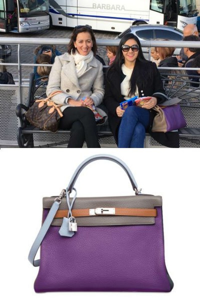 Tas Hermes Arlequin Kelly berwarna ultraviolet seharga US$ 15.000 atau sekitar Rp 200 juta tampak menemani Bupati Rita saat berada di luar negeri bersama seorang temannya. Foto: Dok. Facebook, Hermes.