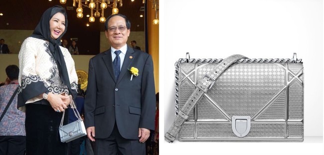 Menghadiri sebuah acara di kantor ASEAN, Bupati Kutai Kertanegara Rita tampil dengan gaya formal. Dia terlihat menenteng tas Christian Dior seri Diorama berwarna silver metallic seharga US$ 3.300 atau sekitar Rp 44 juta. Foto: Dok. Facebook