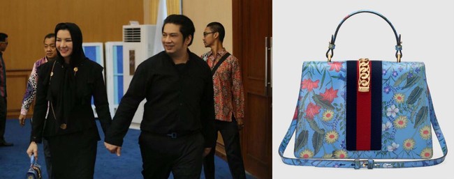 Datang ke suatu acara bersama suaminya, Bupati Rita terlihat membawa tas Gucci motif floral seharga US$ 2.980 atau sekitar Rp 40 juta. Foto: Dok. Facebook, Gucci.