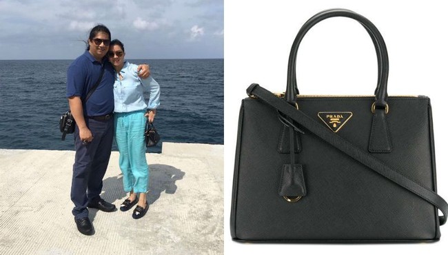 Bupati Rita berpose membawa tas Prada berukuran mini seharga US$ 2.124 atau sekitar Rp 28 juta. Foto: Dok. Facebook, Prada.