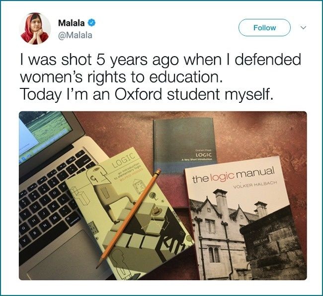 “Aku ditembak lima tahun lalu karena membela hak perempuan untuk mendapatkan pendidikan. Hari ini aku menjadi murid di Oxford,” tulis Malala Yousafzai, anak muda 20 tahun yang ditembak di kepalanya oleh anggota Taliban. Malala menjadi terkenal karena menginspirasi kaum muda untuk meraih pendidikan dan menjadi peraih Nobel termuda. Foto: Reddit, Bright Side