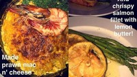 Kapanpun dimanapun, tulis akun instagram @arieltatum. Ini dia menu makan malam yang dimasak sendiri oleh Ariel Tatum. Prawn mac and cheese dan salmon fillet krispi yang lengkap dengan saus lemon butter.  Foto: Instagram @arieltatum