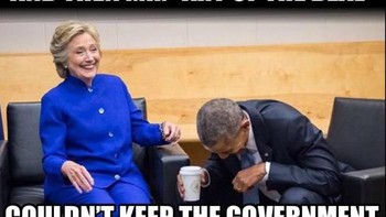 Obama dan Hillary Clinton digambarkan sedang terbahak-bahak melihat kondisi Trump saat ini. Foto: istimewa