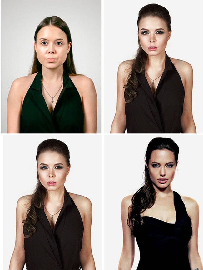 Dengan tatanan rambut dan makeup yang serupa, wanita di foto ini pun berubah jadi seperti Angelina Jolie dalam film Tomb Raider. Foto: Dok. Brightside