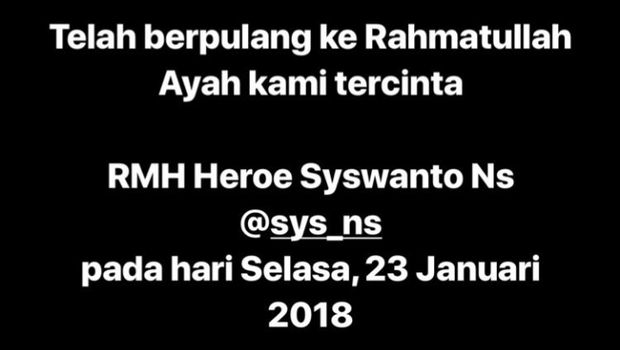 Sys NS Meninggal Dunia, Anak Ungkapkan Kesedihan