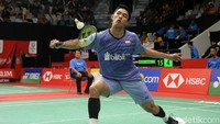 Jonatan bertanding melawan Son Wan Ho di babak pertama Indonesia Masters 2018 yang dihelat di Istora Senayan, Jakarta.