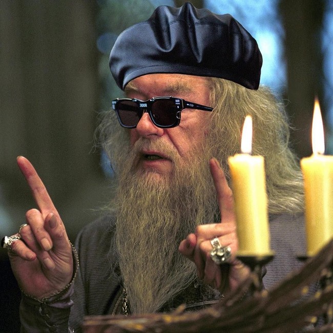Profesor Dumbledore pakai kacamata dan topi beret terlihat lebih asyik. Foto: Instagram Gryffindior