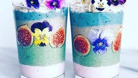 Kalau yang ini smoothies dengan paduan warna biru dan purih dibuat dengan campuran buah fig dan juga edible flower. Cantik ya! Foto: Istimewa