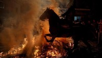 Menurut masyarakat setempat, tradisi berkuda menembus api ini dimaksudkan untuk menyucikan binatang tersebut. Setiap tahun, festival ini digelar pada bulan Januari. (Juan Medina/Reuters)
