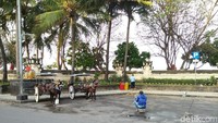 Andong pun ikut ambil bagian. Walau masih sepi, pak kusir dan kuda sudah mulai nongkrong di depan kawasan pantai. (Bonauli/detikTravel)