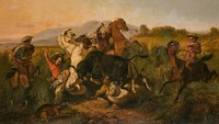 Lukisan Raden Saleh yang bertajuk Perburuan Banteng ditemukan di gudang bawah tanah keluarga di Prancis. Mereka awalnya ingin menghancurkan lukisan tersebut namun dijual dengan harga Rp 3,3 miliar yang kemudian di lelang hingga mencapai Rp 150 miliar. Dok. Ist