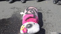 Pada tubuh boneka terdapat kata LGBT yang ditulis menggunakan cat warna hitam. Selain itu, di samping boneka diletakkan secarik kertas bertuliskan bakar LGBT. 