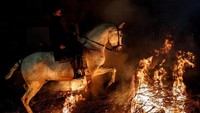 Satu per satu kuda pun melompat. Masyarakat setempat percaya, kuda-kuda ini tidak akan terbakar mesti melompati kobaran api. (Juan Medina/Reuters)