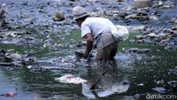 Seorang warga mencari ikan di Sungai Citarum Lama.