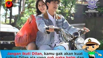 Nah, kan ketilang sama Polisi. Ya, beberapa kantor polisi memanfaatkan film Dilan untuk menumbuhkan kesadaran berkendara dengan lengkap sesuai aturan. Foto: Internet