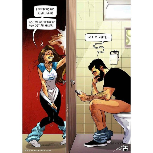 Menunggu suami yang masih asyik di kamar mandi padahal kamu benar-benar harus ke toilet tersebut. Foto: Instagram jude_devir