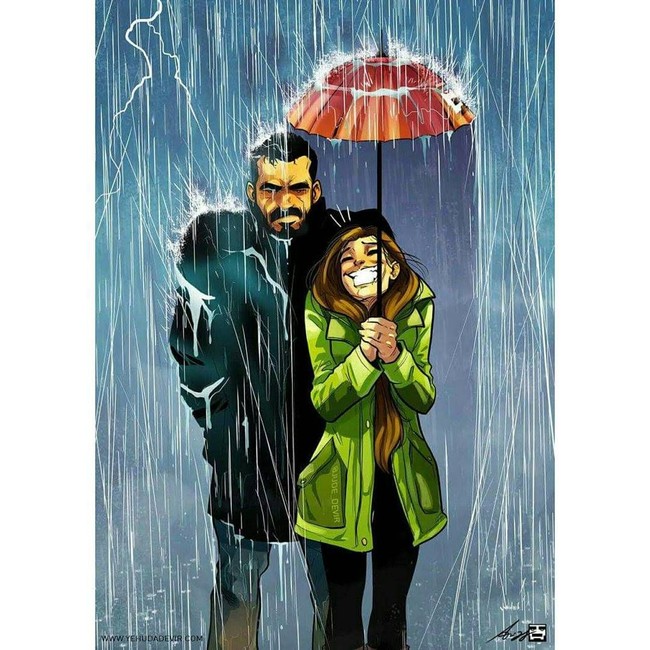 Menggunakan satu payung di tengah hujan saat berjalan bersama pasangan. Sang suami rela kebasahan, baginya yang terpenting si istri tak kehujanan. Foto: Instagram jude_devir