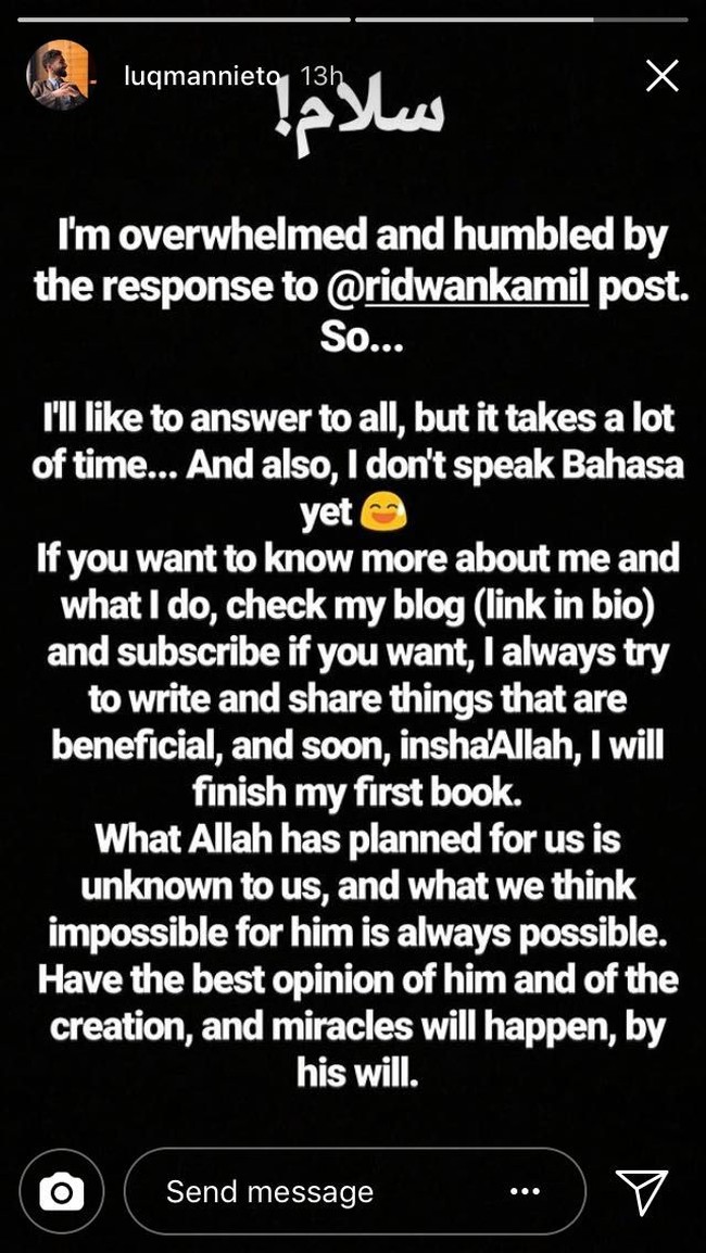 Sejak dikenalkan Ridwan Kamil, Luqman Nieto mendapatkan respon luar biasa. Ia pun mengucapkan terima kasih melalui IG story-nya. Jika ingin tahu lebih lanjut tentang dirinya, ia sarankan untuk membaca blog-nya.  Foto: Instagram