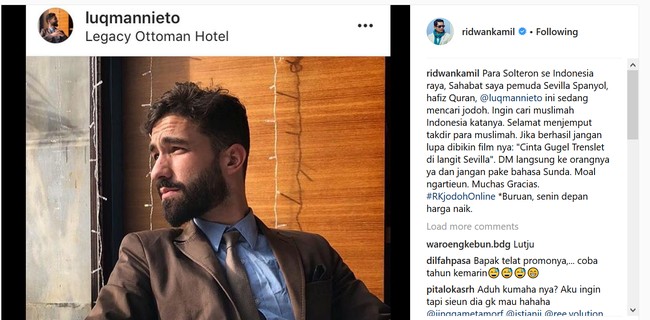 Ridwan Kamil membuat para muslimah geger karena mengumumkan pencarian jodoh untuk hafiz Al Quran asal Spanyol Luqman Nieto. Sosok pria asal Spanyol ini berwajah tampan, tak heran jika postingan tersebut mengundang hampir 100.000 komentar. Foto: Instagram