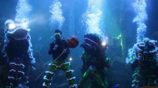 Barongsai dalam air untuk menyambut Imlek (Ancol)