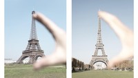 Pastinya traveler yang pernah liburan ke Menara Eiffel pernah melakukan pose foto yang satu ini. Ayo mana yang asli? (Francois Prost/CNN)