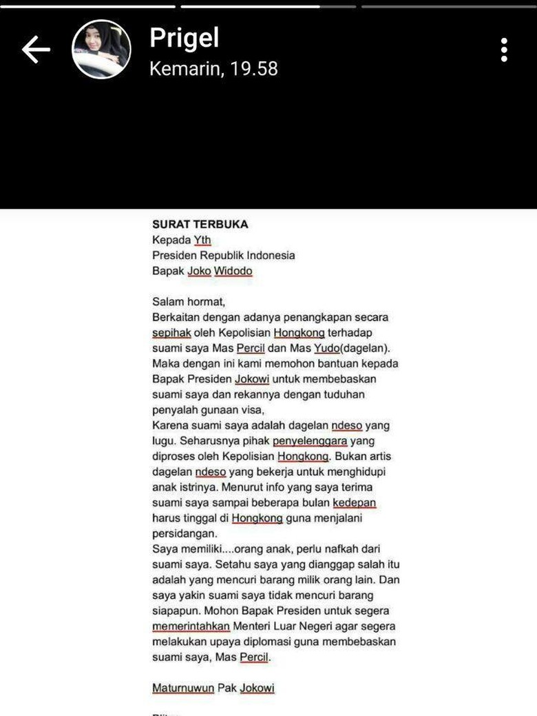 Begini Isi Surat Terbuka Istri Pelawak Percil untuk Presiden Begini Isi Surat Terbuka Istri Pelawak Percil untuk Presiden