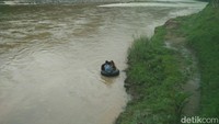 Anak-anak sekolah berseragam pramuka menggunakan ban untuk menyeberangi sungai dan pergi ke sekolah.