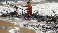Begini aksi Pasukan Orange saat membersihkan sampah yang menumpuk di Kali Ciliwung, Jakarta, Jumat (9/2/2018).