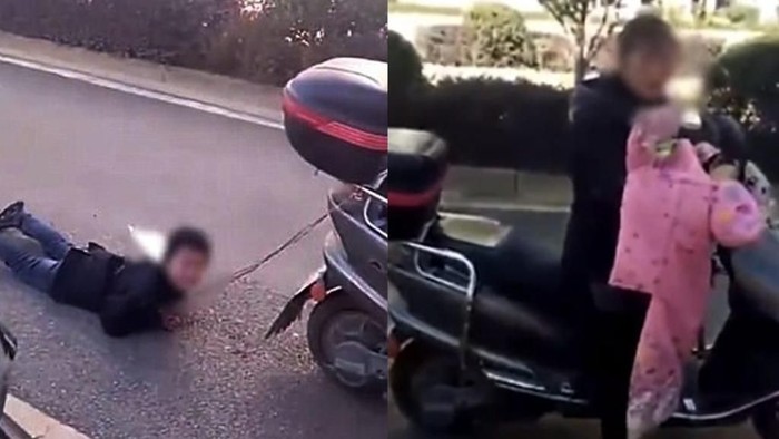 Tega, Emak-emak Ini Seret Anaknya Pakai Motor Matik