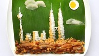 Dibuat dari nasi lemak dan bertatakan daun pisang, menara kembar di Kuala Lumpur dibuat dengan paduan nasi, ikan teri, kacang dan telur. Menarik! Foto: Hong Yi