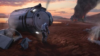 Tidak semua hal di Mars terlihat baik, seperti kecelakaan pesawat antariksa yang dialami oleh astronot ini, sebagaimana digambarkan oleh Arthur Gurin. (Foto: humanmars)