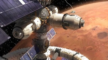 Seorang astronott terlihat sedang melakukan spacewalk di sekitar stasiun luar angkasa di atas Mars. (Foto: Dailymail)