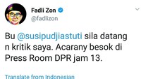 Fadli Zon lalu mengundang Susi untuk menghadiri peluncuran bukunya.