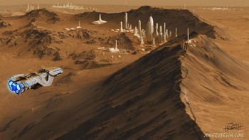 Seorang pelukis digital bernama Jon Hrubesch menggambarkan bagaiamana bentuk sebuah kota di Mars. (Foto: humanmars)