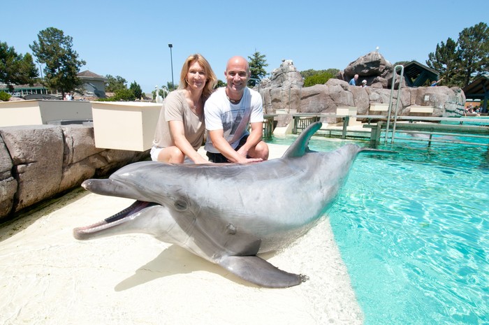 SAN DIEGO, CA - AUGUST 02: In this handout photo provided by SeaWorld San Diego, tennis legends Andre Agassi and Steffi Graf meet one of SeaWorlds marine mammal legends: Crunch, a 36-year-old Atlantic bottlenose dolphin at SeaWorld San Diegos Dolphin Point on August 10, 2012 in San Diego, California.  The tennis twosome also had an up-close encounter with baby bamboo sharks and enjoyed shows and rides at SeaWorld with family and friends.  (Photo by Mike Aguilera/SeaWorld San Diego via Getty Images)