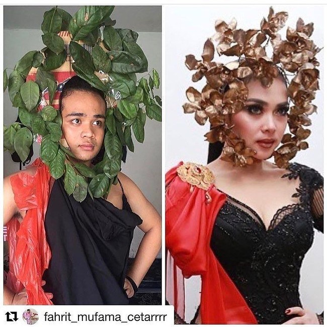 Saat pria yang bekerja sebagai komedian ini menggunakan hiasan kepala yang terbuat dari dedaunan hijau dan potongan kardus.  Foto: Instagram