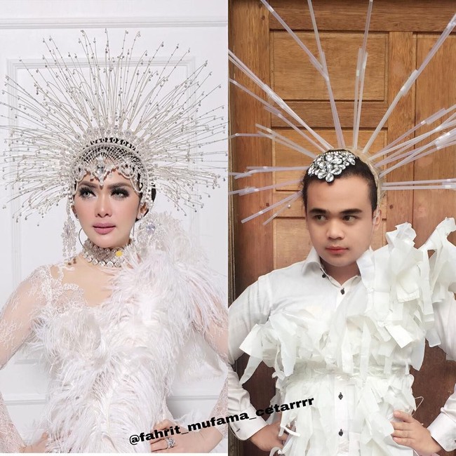Pemilik akun Instagram fahrit_mufama_cetarrrr ini juga menggunakan tisue dan pipet sedotan untuk menirukan gaya anggun Syahrini. Foto: Instagram