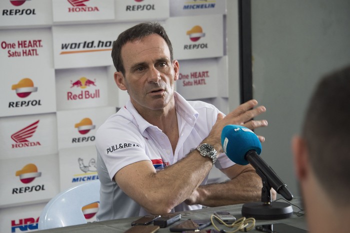 KUALA LUMPUR, MALAYSIA - JANUARY 27:  Alberto Puig of Spain and Repsol Honda Team speaks with journalists at Sepang Circuit on January 27, 2018 in Kuala Lumpur, Malaysia.  (Photo by Mirco Lazzari gp/Getty Images)