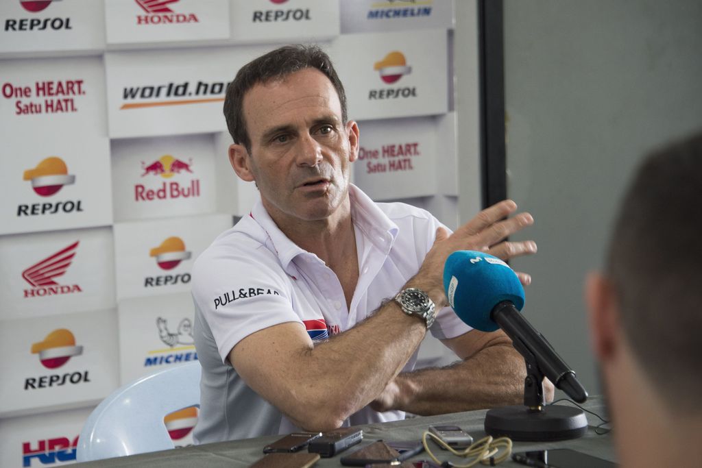 KUALA LUMPUR, MALAYSIA - JANUARY 27:  Alberto Puig of Spain and Repsol Honda Team speaks with journalists at Sepang Circuit on January 27, 2018 in Kuala Lumpur, Malaysia.  (Photo by Mirco Lazzari gp/Getty Images)
