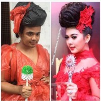 Kantong plastik hingga sikat wc pun tak luput dijadikannya sebagai objek demi berpenampilan sebagai Syahrini KW. Foto: Instagram