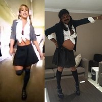 Masih ingat gaya Britney Spears di video klip Oops I Did It Again? Gaya Britney dengan kaus kaki selutut, rok mini dan kemeja putih diikat sampai perutnya terlihat juga ditirukan Just Sul dengan kocaknya. Foto: Instagram