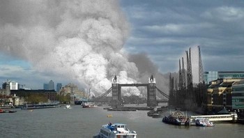 Suasana London saat diserang pesawat Jerman pada tahun 1940 di awal Perang Dunia II dibandingkan masa sekarang. Foto: Getty Images