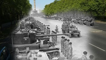 Iring-iringan pasukan Inggris di Berlin menyusul takluknya Nazi. Foto: Getty Images