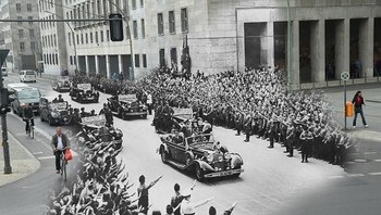 Adolf Hitler melewati jalanan Berlin pada tahun 1938 dibandingkan masa sekarang. Foto: Getty Images